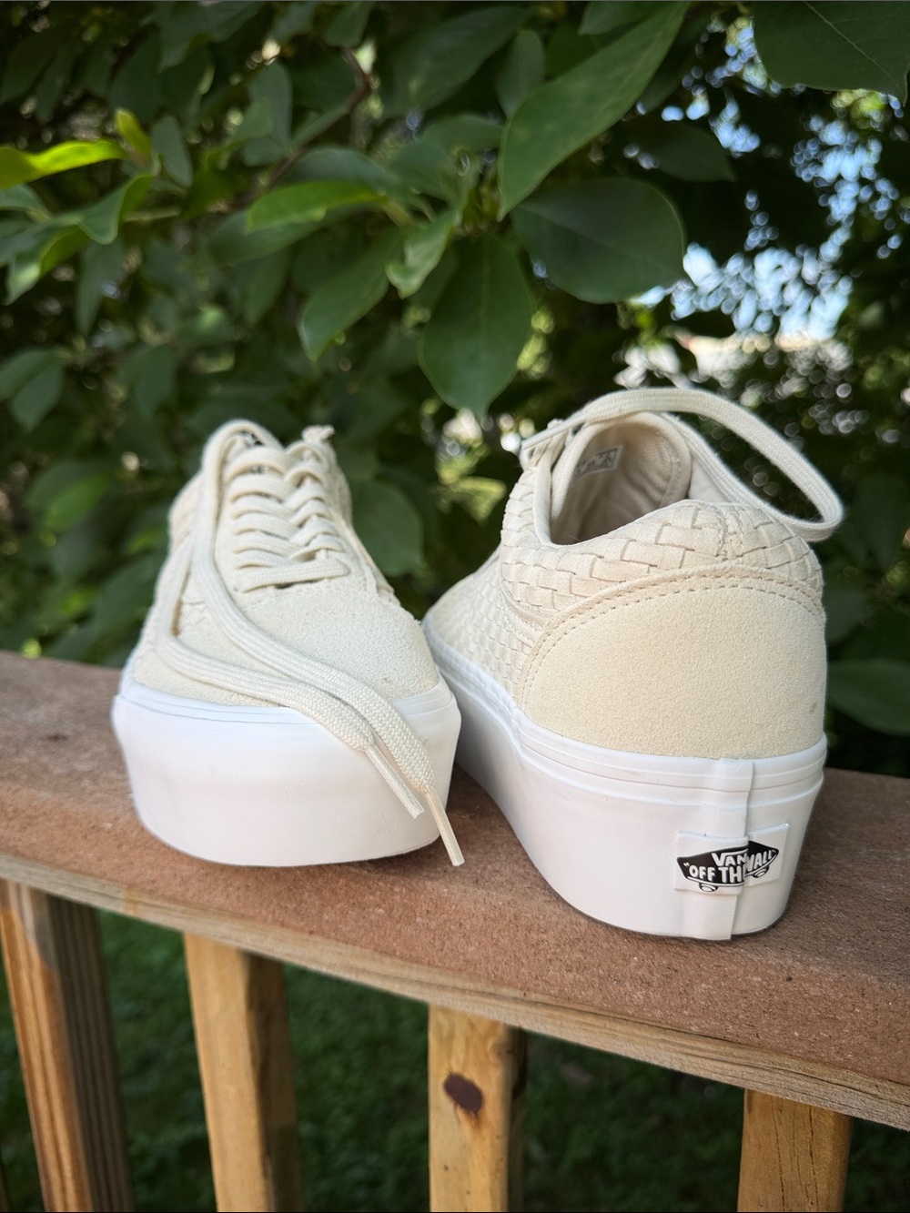 Vans Cream Platform Low Top Sneakers with Woven Heel